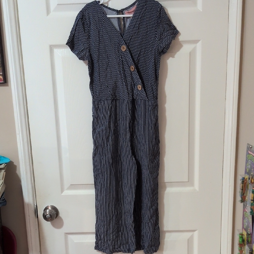 Striped V-Neck Button Jumpsuit in Navy and White
